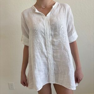 Terzo Millennio Italy White 100% Linen Crochet Lace Trim Boho Tunic Blouse, Sz M
